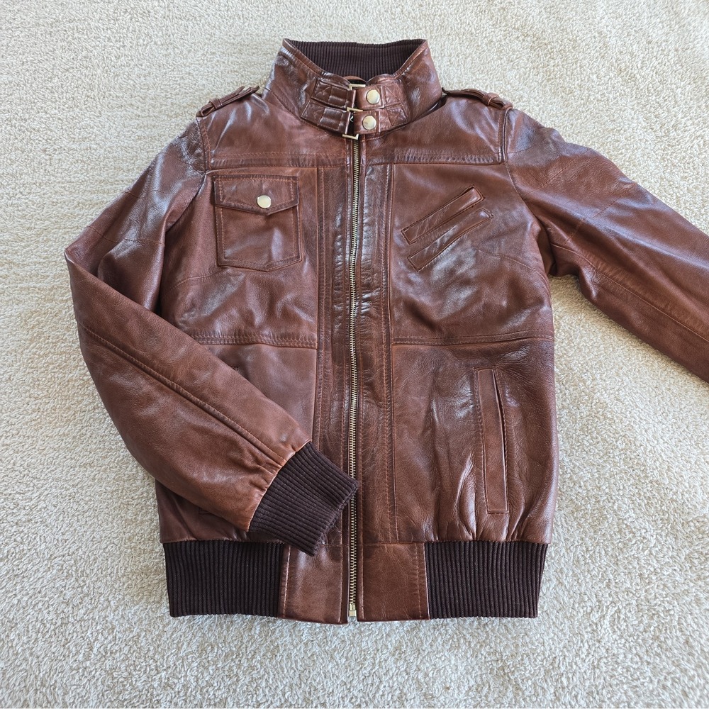 Real Leather Women's Full-zip Bomber Style Jacket Coat Brown Leather Size XS